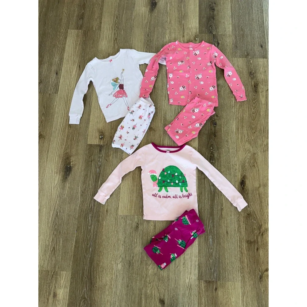 Carters Preppy Pajama Set Girls 4T Pink Cotton Floral Ballerina Christmas Turtle